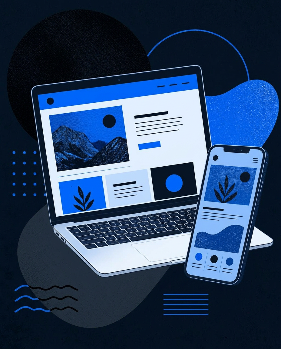 Modern illustration of a laptop and phone showing a responsive website
